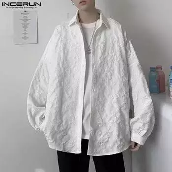 INCERUN Мужские рубашки большого размера с длинным рукавом с цветочной текстурой Повседневные топы больших размеров S чёрный