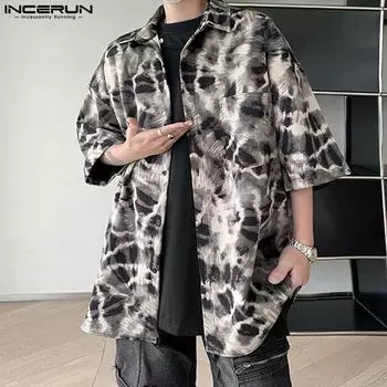 INCERUN Мужские рубашки большого размера с воротником с лацканами и леопардовым принтом XL чёрный