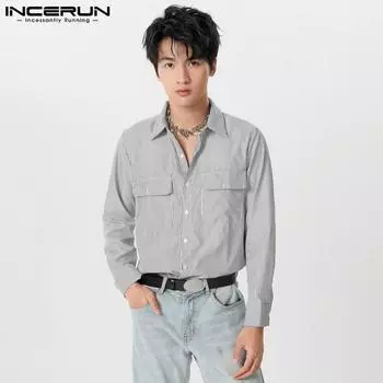 INCERUN Мужские рубашки для офиса весна-осень с длинным рукавом на пуговицах в полоску S чёрный