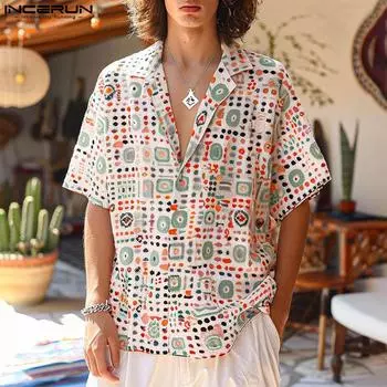 INCERUN Мужские рубашки Florar, летние, с коротким рукавом, с принтом, с лацканами, пляжные, гавайские топы 3XL светло-зеленый