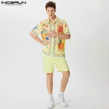 INCERUN Мужские рубашки из двух частей с лацканами, цветочным кружевом, с длинным рукавом, повседневные комплекты 4XL жёлтый