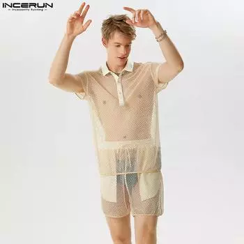 INCERUN, мужские рубашки из двух предметов с коротким рукавом + шорты, сетчатая полые летние праздничные наряды