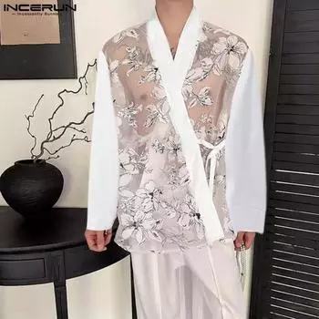 INCERUN Мужские рубашки-кардиганы с длинным рукавом и принтом в сетку в стиле пэчворк, свободные, прозрачные топы XL чёрный