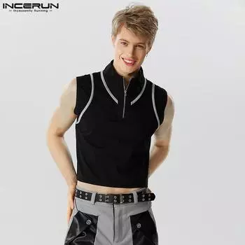 INCERUN Мужские рубашки на молнии без рукавов, топы с высоким воротником