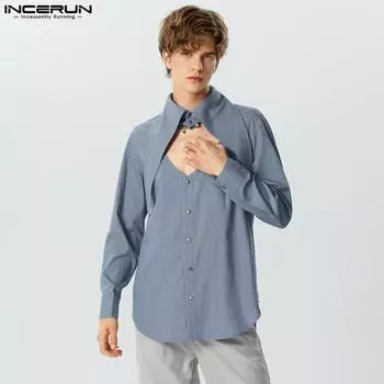 INCERUN Мужские рубашки на пуговицах с длинным рукавом и вырезом на шее