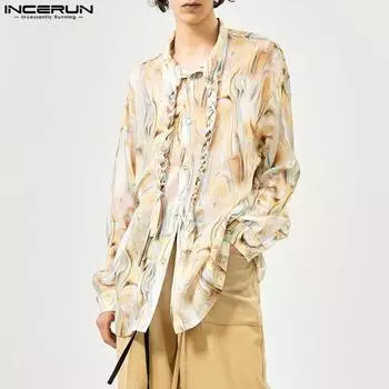 INCERUN Мужские рубашки на пуговицах с длинным рукавом и цветочным принтом