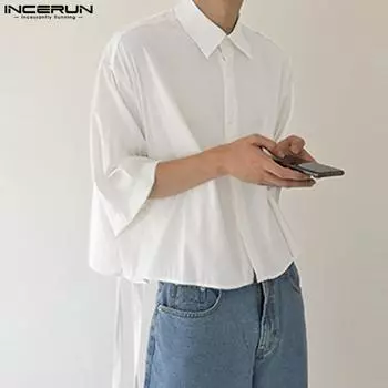 INCERUN Мужские рубашки на пуговицах с рукавами 3/4, весенне-летние топы