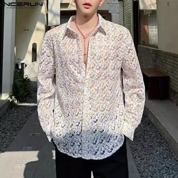 INCERUN Мужские рубашки на пуговицах в сетку с цветочным принтом и прозрачные топы с длинными рукавами S жёлтый