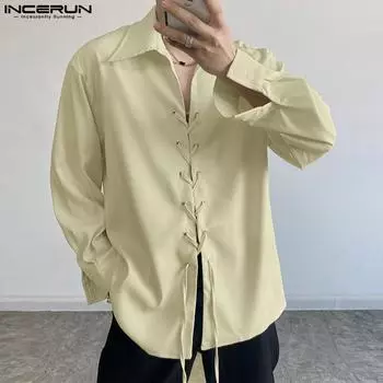 INCERUN мужские рубашки на шнуровке с длинными рукавами, однотонные повседневные блузки, топы