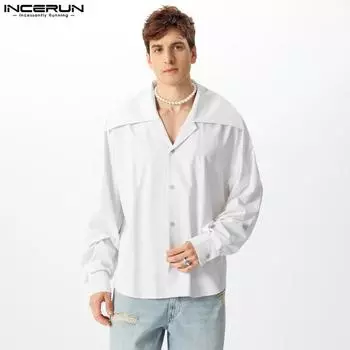 INCERUN Мужские рубашки с большим воротником и длинным рукавом на пуговицах, повседневные рубашки в клетку M чёрный