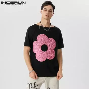 INCERUN Мужские рубашки с цветочной аппликацией Свободный топ с короткими рукавами L оранжевый