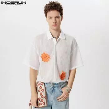 INCERUN Мужские рубашки с цветочной вышивкой и длинным рукавом, ажурные топы с лацканами и пуговицами на шее S белый