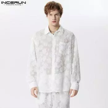 INCERUN Мужские рубашки с длинным рукавом и кружевом, прозрачные, на пуговицах