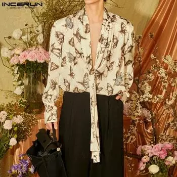 INCERUN Мужские рубашки с длинным рукавом и глубоким V-образным вырезом с цветочным принтом 2XL бежевый