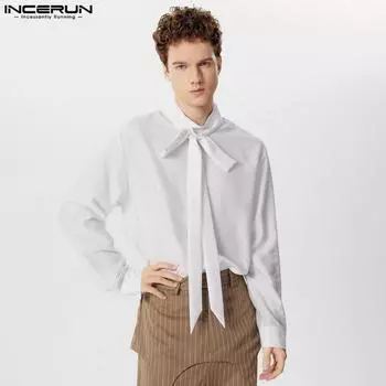 INCERUN Мужские рубашки с длинным рукавом и шнуровкой, прозрачные, повседневные, прозрачные, топы 3XL белый