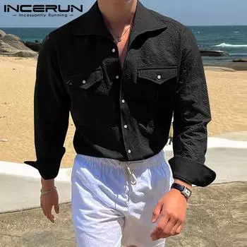 INCERUN Мужские рубашки с длинным рукавом и лацканами, на пуговицах, с карманами, текстурированные, осенние топы S синий