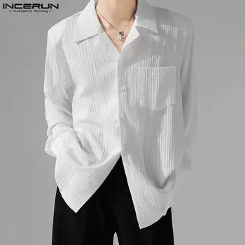 INCERUN Мужские рубашки с длинным рукавом и лацканами на пуговицах, свободные топы с текстурой S чёрный