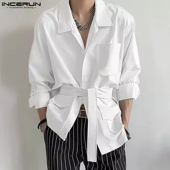 INCERUN Мужские рубашки с длинным рукавом и поясом, повседневные топы с пуговицами и бандажами M зелёный