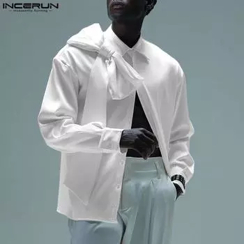 INCERUN Мужские рубашки с длинным рукавом и бантом, повседневные топы с пуговицами на лацканах S белый