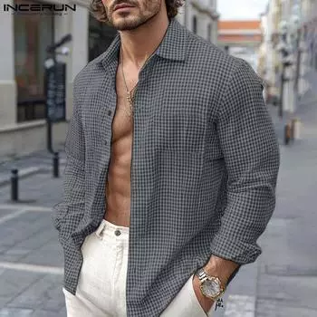 INCERUN Мужские рубашки с длинным рукавом и лацканами на пуговицах, осенне-весенние повседневные клетчатые топы S зелёный