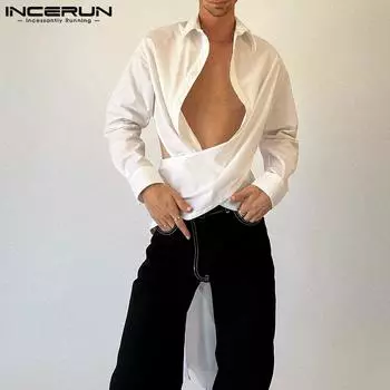 INCERUN Мужские рубашки с длинным рукавом и шнуровкой на спине, свободные повседневные топы с повязками XL
