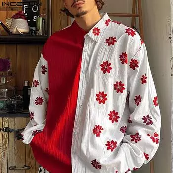 INCERUN Мужские рубашки с длинным рукавом и цветочным принтом на лацканах Весенние топы в стиле пэчворк M чёрный