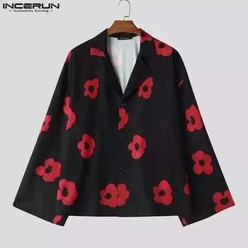 INCERUN Мужские рубашки с длинным рукавом и цветочным принтом Уличная одежда Повседневные весенние топы S