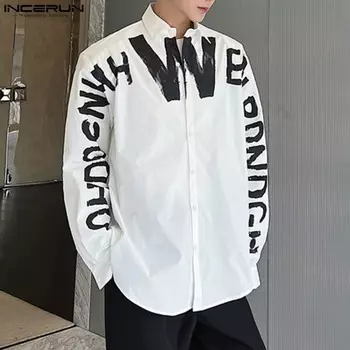 INCERUN Мужские рубашки с длинным рукавом и принтом букв Повседневные офисные рубашки Топы S чёрный