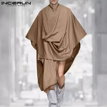 INCERUN Мужские рубашки с длинным рукавом и нерегулярными складками, длинные туники с оборками спереди S чёрный