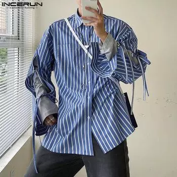INCERUN Мужские рубашки с длинным рукавом и бантом в полоску, повседневные топы с отворотами и бандажом S синий