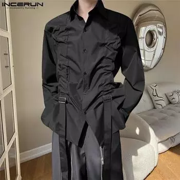 INCERUN Мужские рубашки с длинным рукавом и завязками по низу, повседневные свободные топы S чёрный