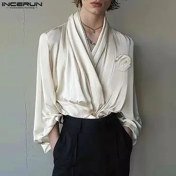 INCERUN Мужские рубашки с длинным рукавом и перекрещивающимися бретелями, свободные цветочные топы XL белый