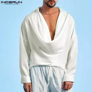 INCERUN Мужские рубашки с длинным рукавом и воротником-стойкой, повседневные свободные однотонные топы L