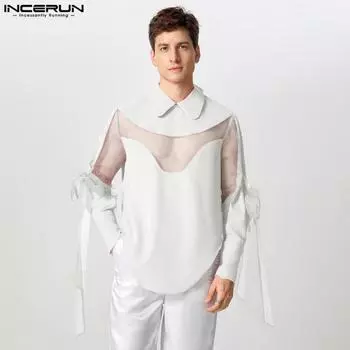 INCERUN Мужские рубашки с длинным рукавом и бантом из сетки в стиле пэчворк, топы для вечеринок M чёрный