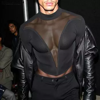 INCERUN Мужские рубашки с длинным рукавом и сетчатым принтом, короткие топы для вечеринок и клубов L