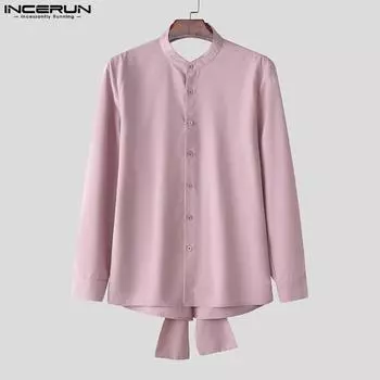 INCERUN Мужские рубашки с длинным рукавом и открытой спиной, свободные, для вечеринок, топы S чёрный