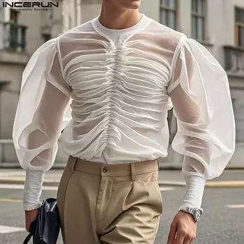 INCERUN Мужские рубашки с длинным рукавом и круглым вырезом с оборками, прозрачные, топы S чёрный