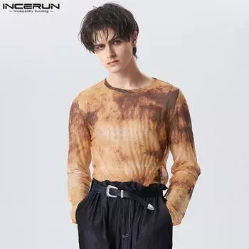 INCERUN Мужские рубашки с длинным рукавом и круглым вырезом из градиентной сетки