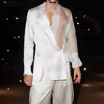 INCERUN Мужские рубашки с длинным рукавом из атласной сетки в стиле пэчворк, нерегулярные, свободные 4XL чёрный