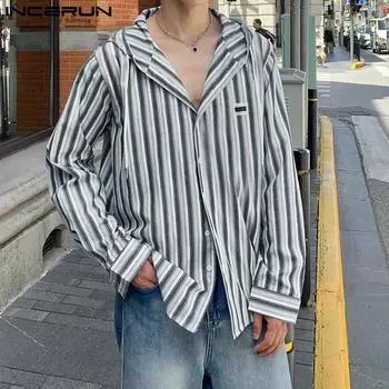 INCERUN Мужские рубашки с длинным рукавом на пуговицах в полоску с капюшоном, повседневные топы S серый