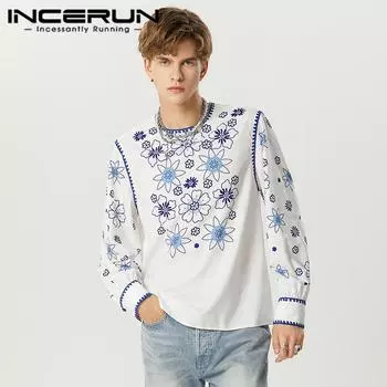 INCERUN Мужские рубашки с длинным рукавом с принтом, весенне-осенние повседневные топы с цветочным принтом