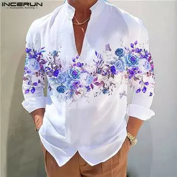 INCERUN Мужские рубашки с длинным рукавом с цветочным принтом, уличная одежда, топы