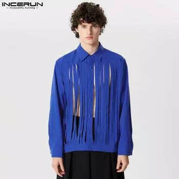 INCERUN Мужские рубашки с длинным рукавом с лацканами, топы с кисточками