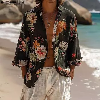 INCERUN Мужские рубашки с цветочным принтом и длинным рукавом, повседневные топы на пуговицах S чёрный