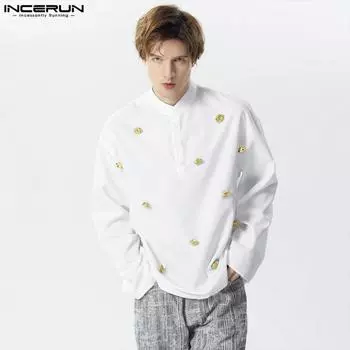 INCERUN Мужские рубашки с длинным рукавом с воротником-стойкой и цветочным принтом