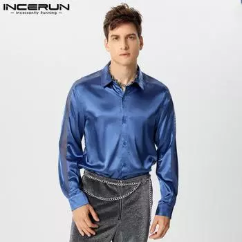 INCERUN Мужские рубашки с длинным рукавом в сетку, в стиле пэчворк, на пуговицах, свободные атласные топы M чёрный