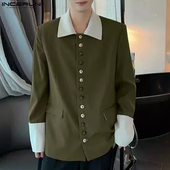 INCERUN Мужские рубашки с длинным рукавом в стиле пэчворк на пуговицах свободные топы 5XL вино красного