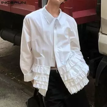 INCERUN Мужские рубашки с длинным рукавом, застегивающиеся на пуговицы, с оборками по низу, многослойные топы с воланами S зелёный