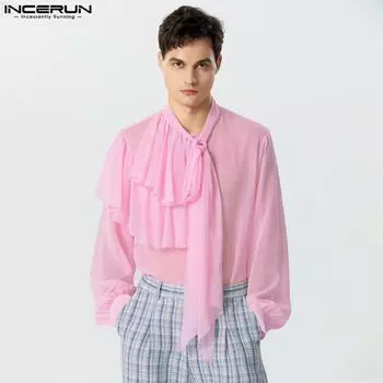 INCERUN Мужские рубашки с длинными рукавами и прозрачной кружевной многослойной лентой