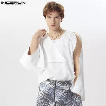 INCERUN Мужские рубашки с длинными рукавами и открытыми плечами, однотонные с рюшами